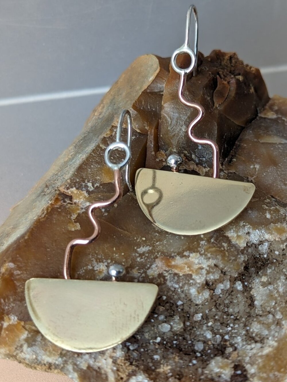 Deb Collins Artisan Copper/Brass/Sterling Silver Abstract Dangle Earrings